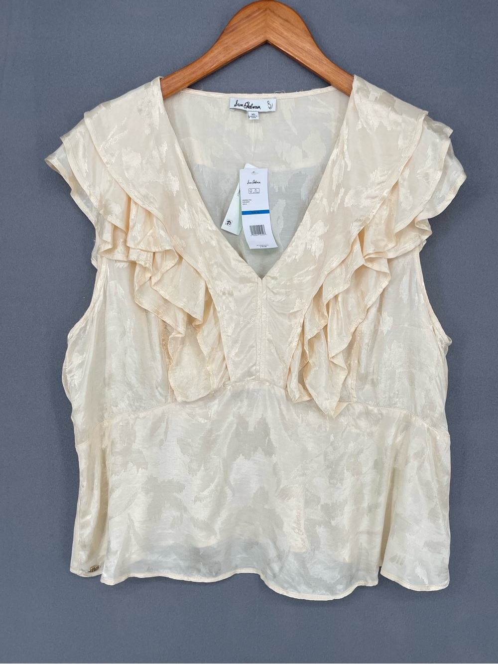 Sam Edelman Maila Ruffle‑Trim Peplum Jacquard Top Cream Size XL NWT